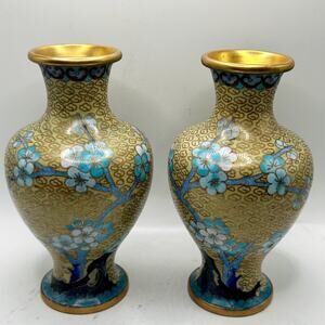Cloisonne Art Flower Vase Pair Blue Cherry Blossom Tree w/ Bird China 8"x4.5"